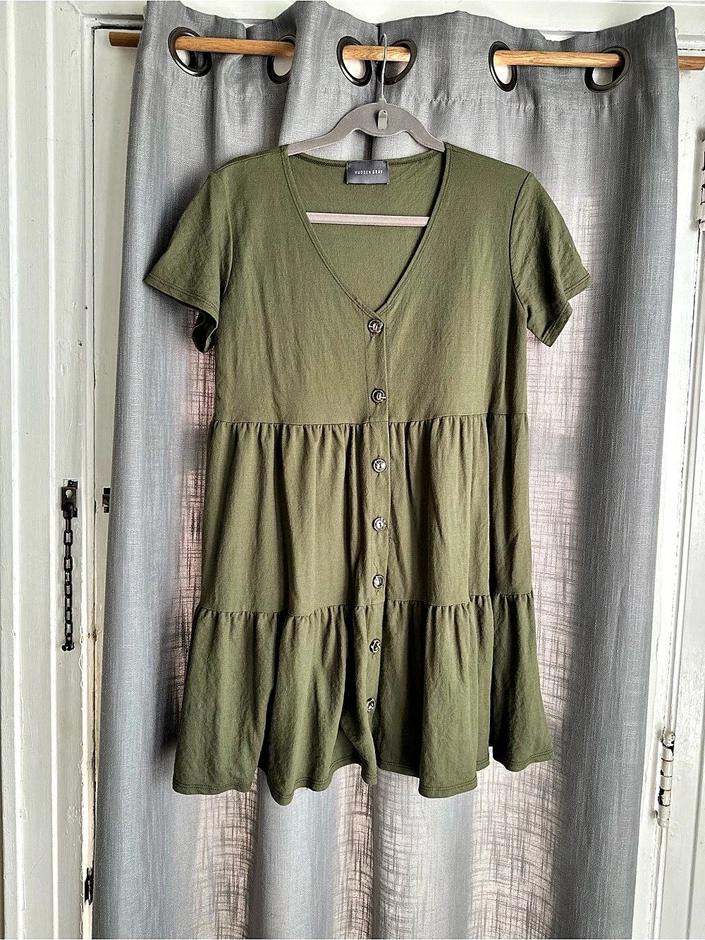 Olive Button-Front Tiered Mini Dress